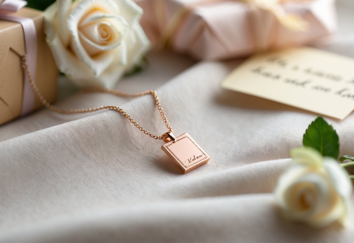 Close-up of an engraved necklace on soft fabric next to a gift box and flowers.