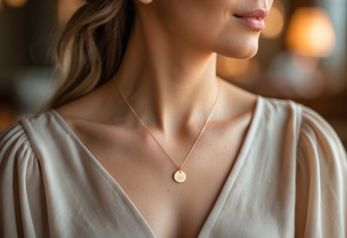 Close-up of a woman's neck wearing a delicate engraved necklace with a small pendant.