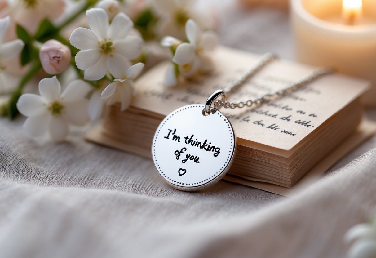 Close-up of a silver engraved necklace displayed on soft fabric with flowers and a candle nearby.