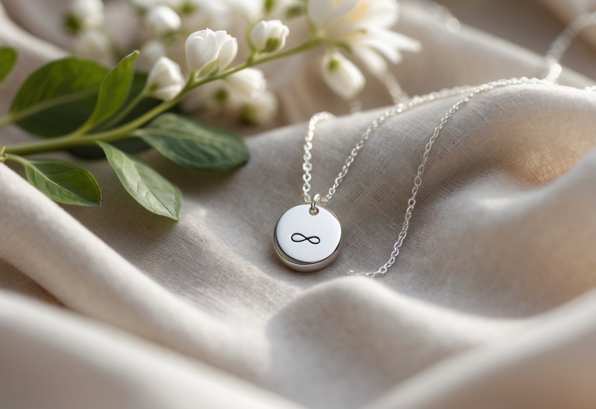 Close-up of a silver engraved necklace resting on soft fabric surrounded by green leaves and white flowers.