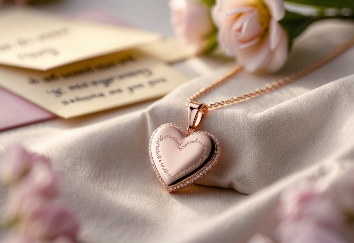 Close-up of an engraved heart-shaped necklace on soft fabric with flowers and a handwritten note blurred in the background.