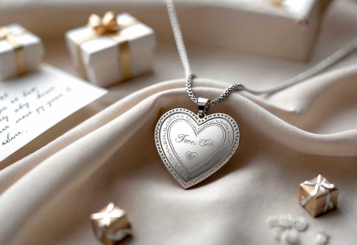 Close-up of an engraved necklace pendant resting on soft fabric with gift boxes and a blurred note in the background.
