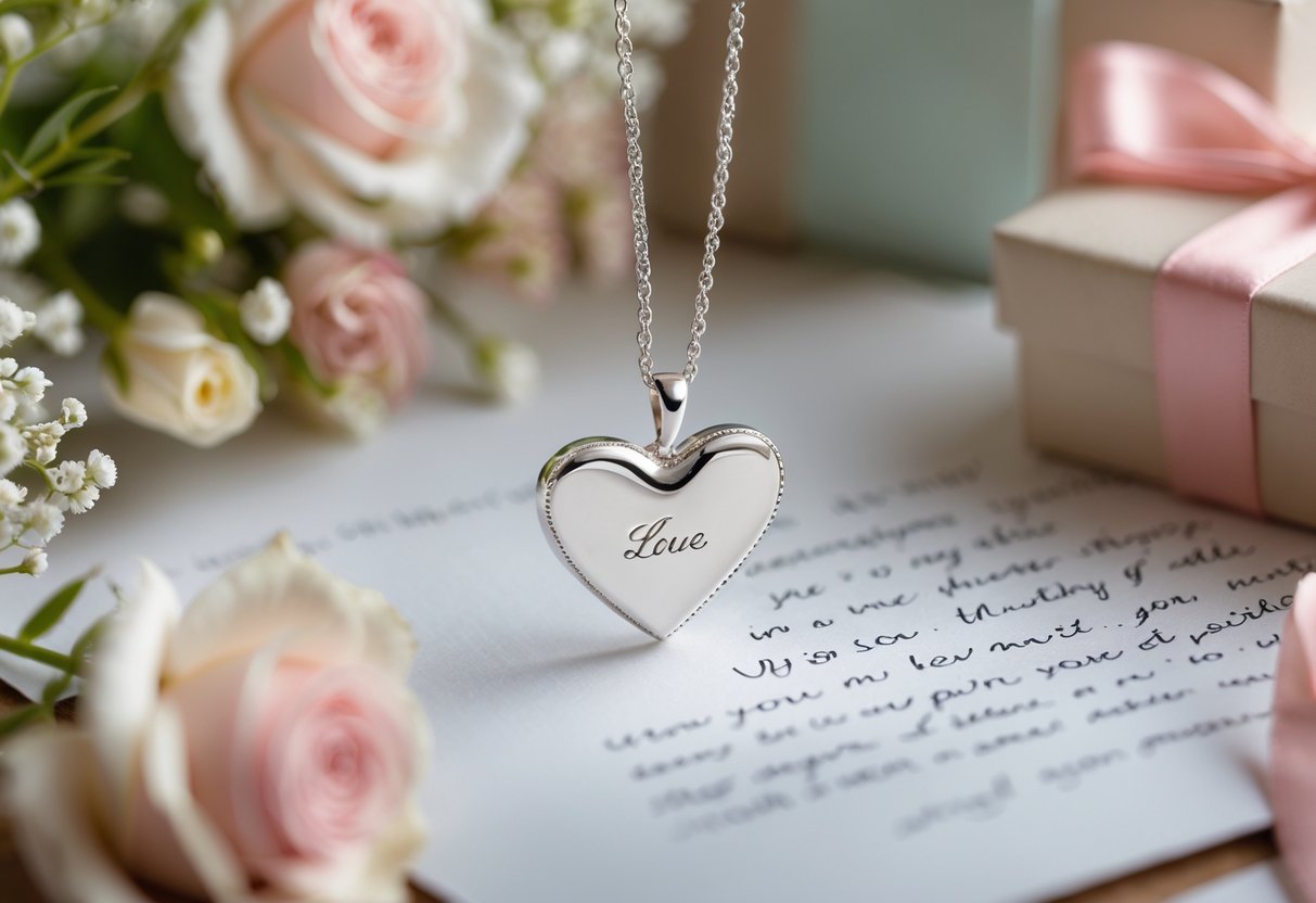 Close-up of a silver heart-shaped engraved necklace surrounded by flowers, a gift box, and a handwritten letter on a warm, softly lit surface.