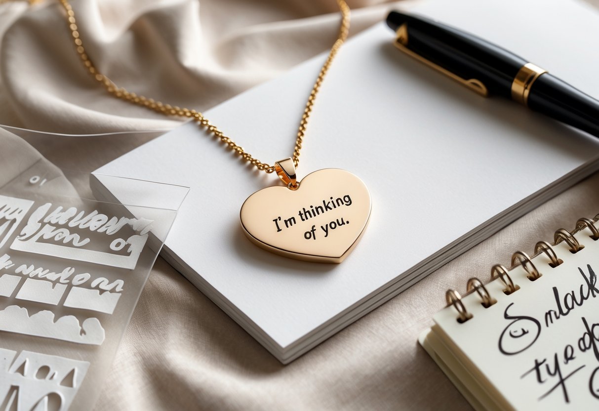 Close-up of an engraved necklace on soft fabric surrounded by font samples, a pen, and a sketchbook with hand-drawn designs.
