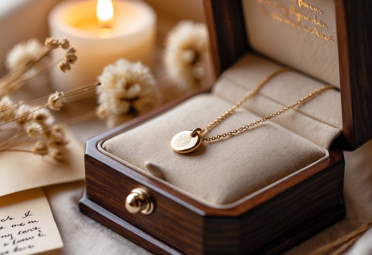 Close-up of an engraved necklace on a wooden jewelry box surrounded by dried flowers and a lit candle.