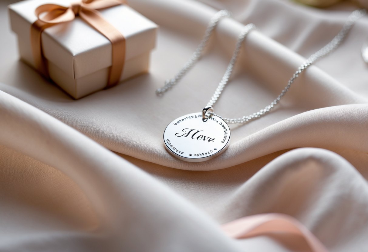Close-up of a silver engraved necklace on soft fabric next to a small gift box with a ribbon.