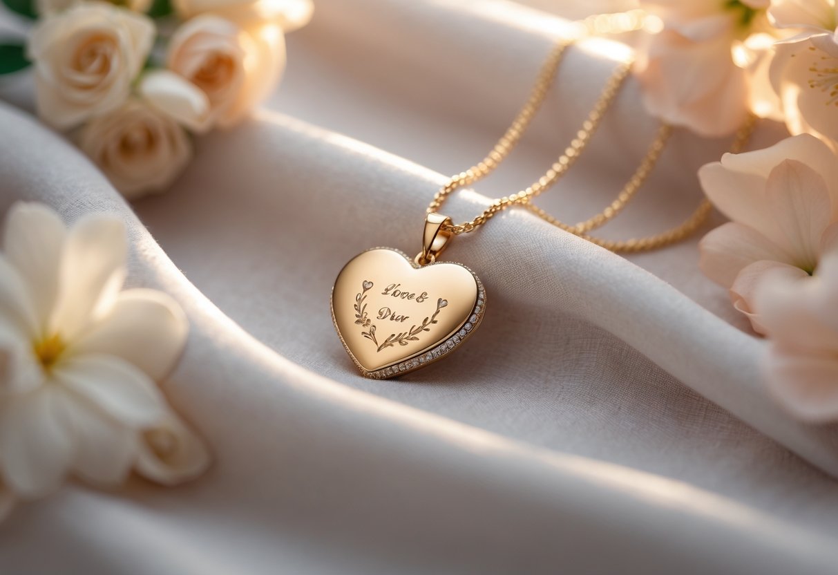 Close-up of an engraved heart-shaped necklace on soft fabric with flowers in the background.