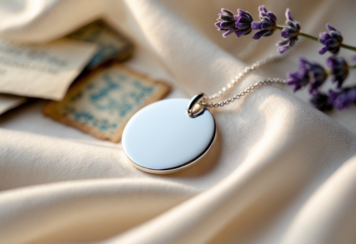 Close-up of a silver disc necklace resting on soft fabric with blurred sentimental items like a letter, photograph, and dried lavender in the background.