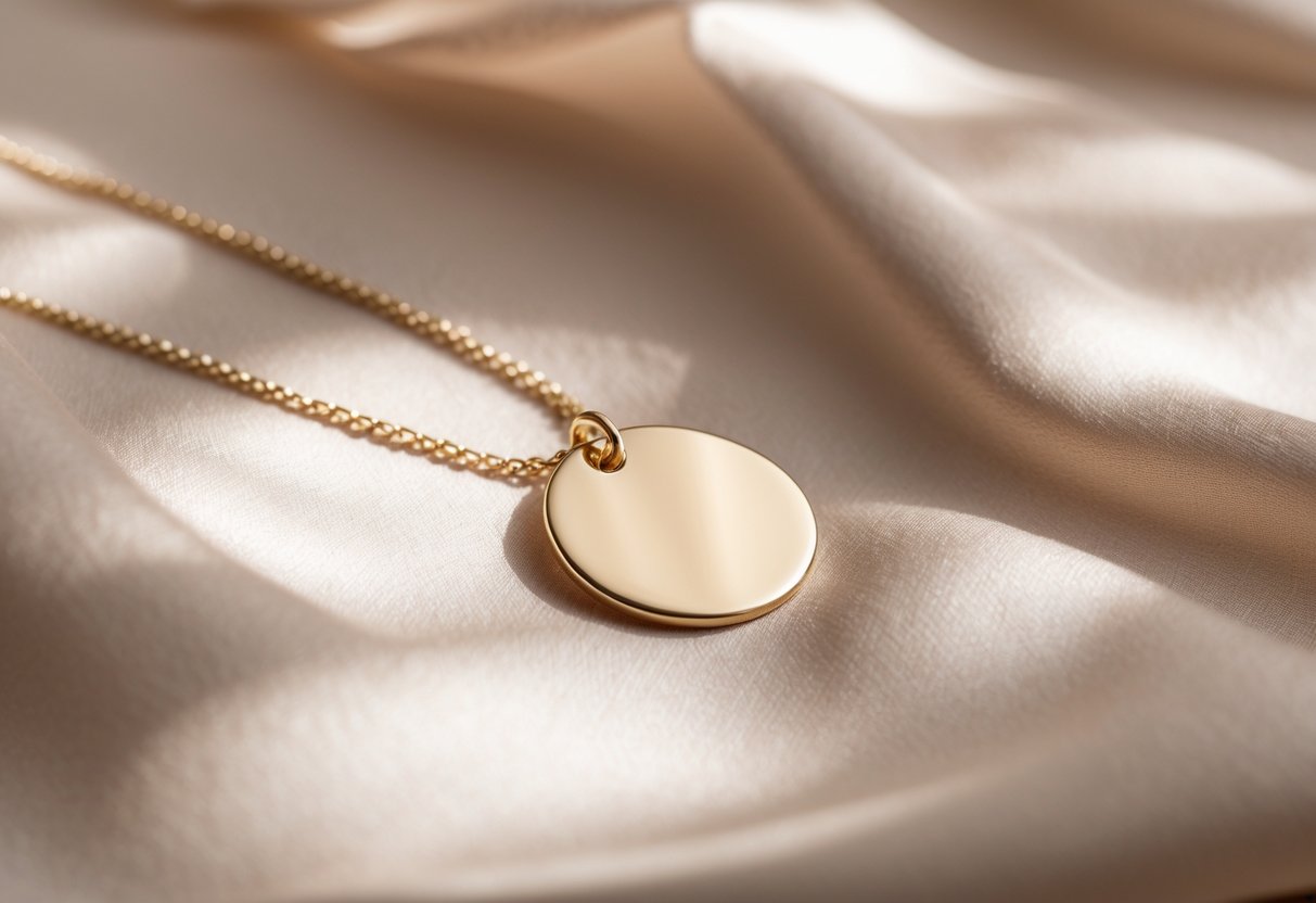 A close-up of a simple disc necklace with a round pendant on a delicate chain resting on soft fabric.
