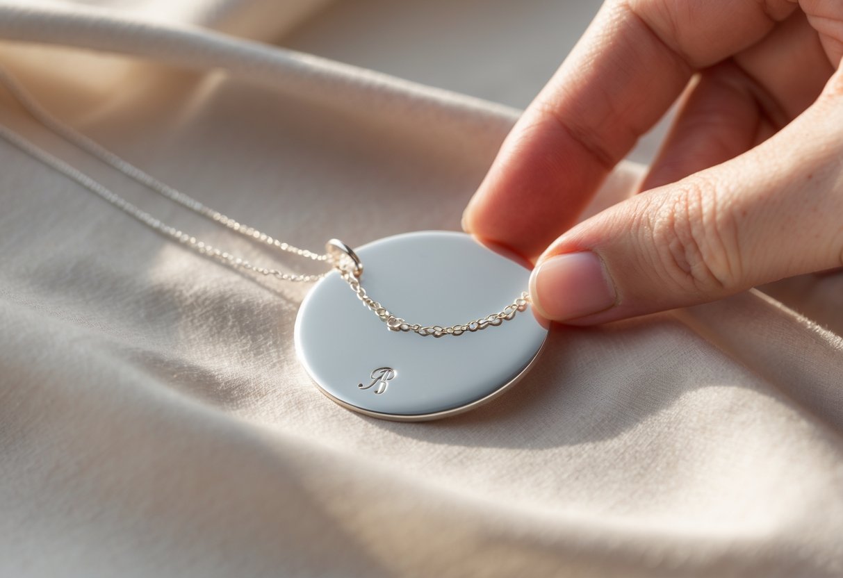 Close-up of a silver disc necklace with subtle engravings resting on fabric, with a hand gently touching it.