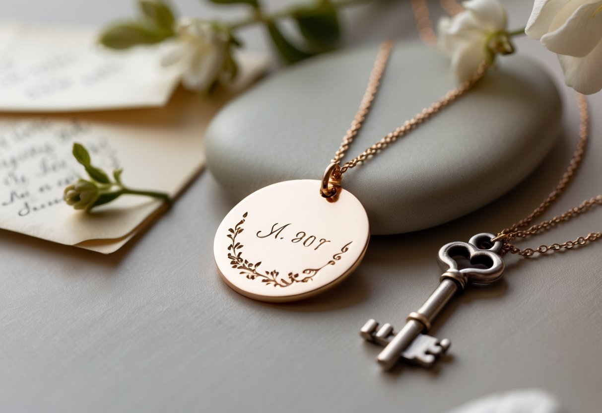 Close-up of a disc necklace with personalized engravings placed on a smooth surface alongside a handwritten letter, a vintage key, and a small flower.