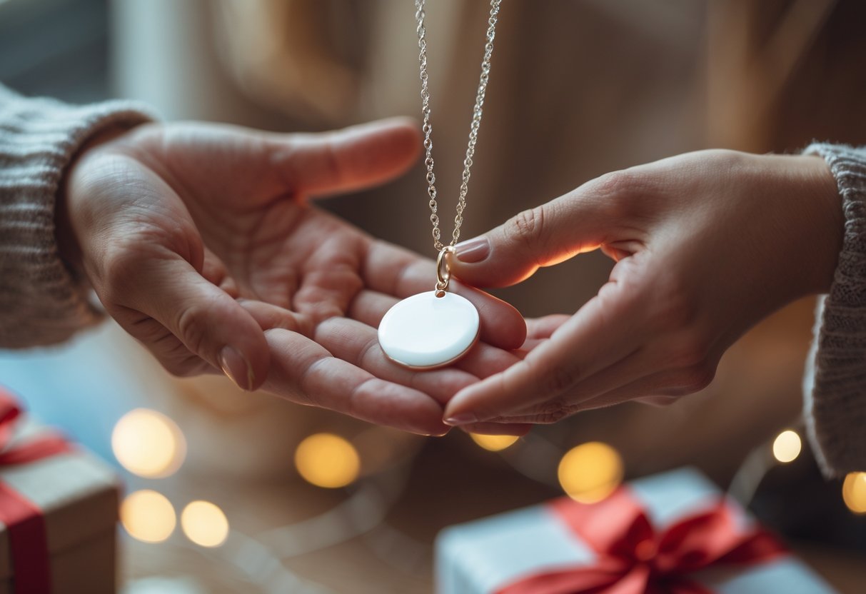 Close-up of hands exchanging a delicate disc necklace as a gift in a warm indoor setting.