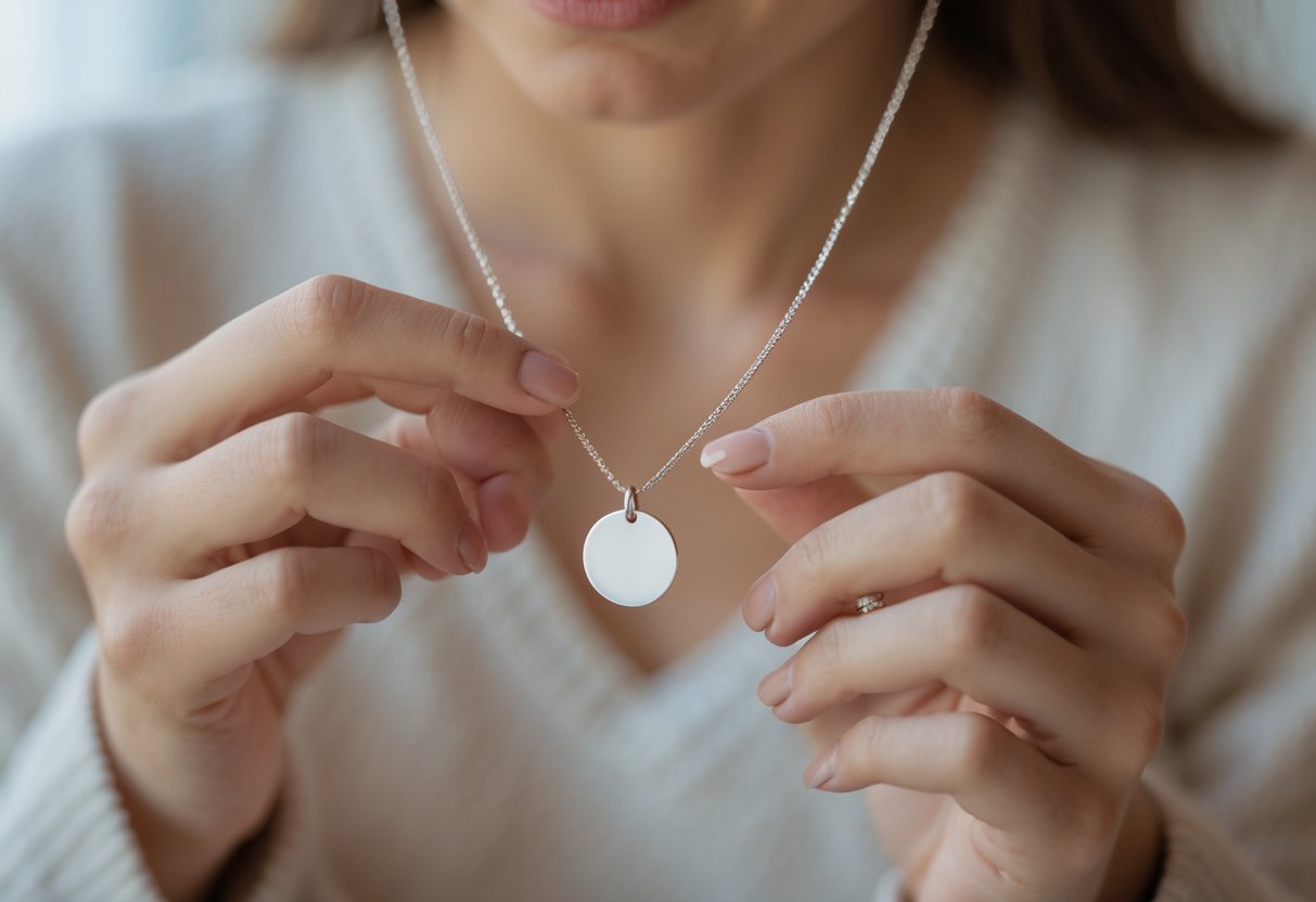 Two people sharing a tender moment as one places a simple disc necklace around the other's neck, both smiling warmly.