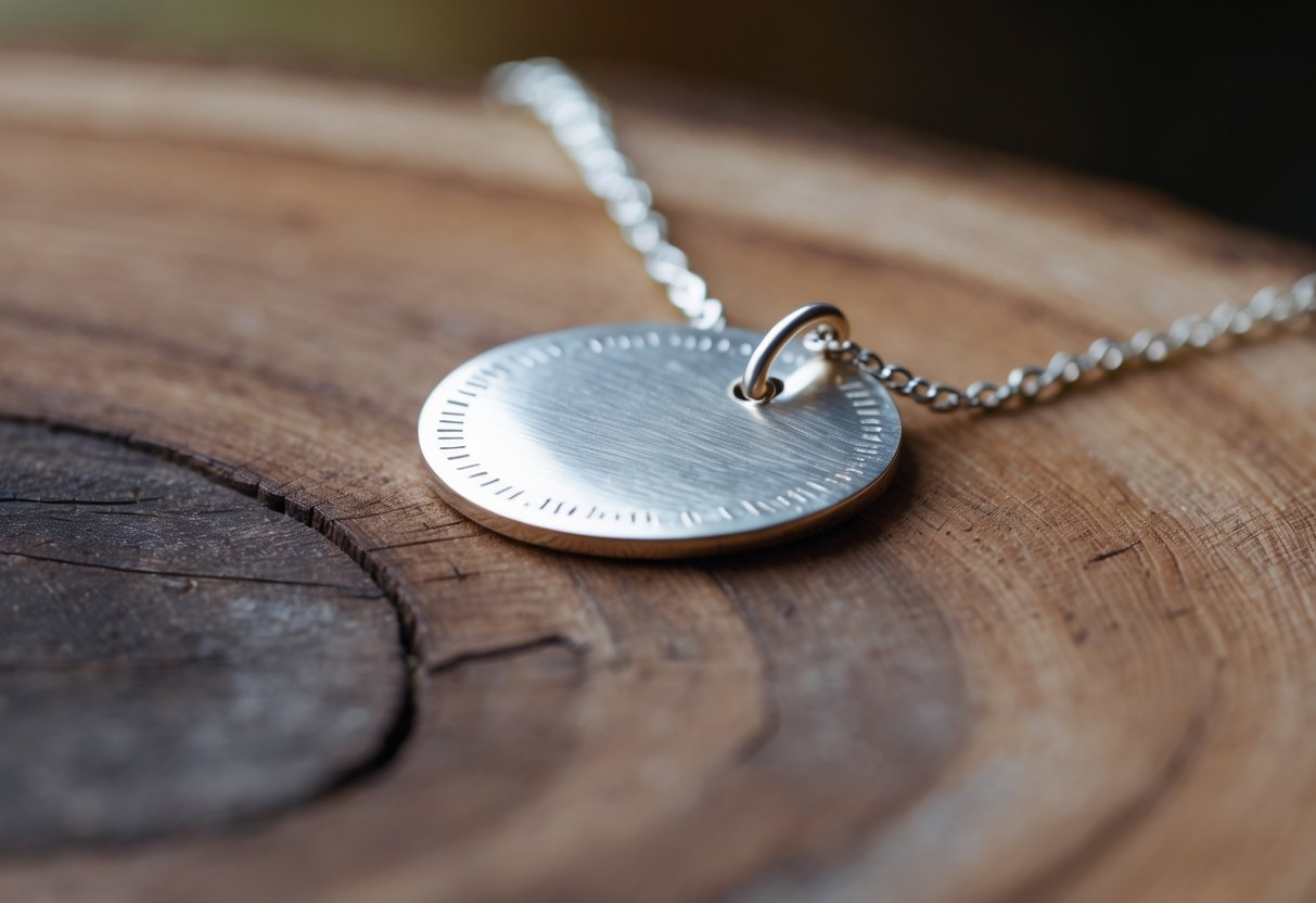 Close-up of a simple disc necklace on a wooden surface.