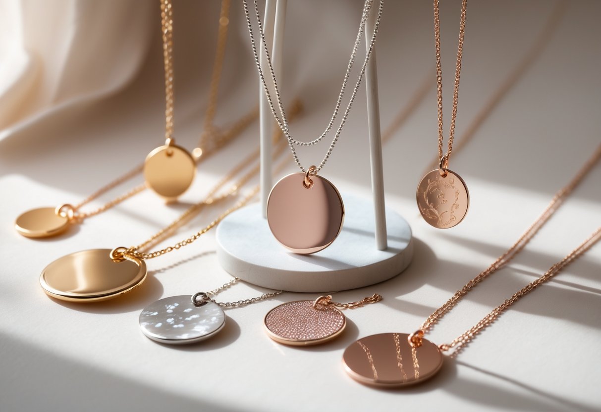 A collection of various disc necklaces displayed on a neutral background, showing different sizes and metal finishes.