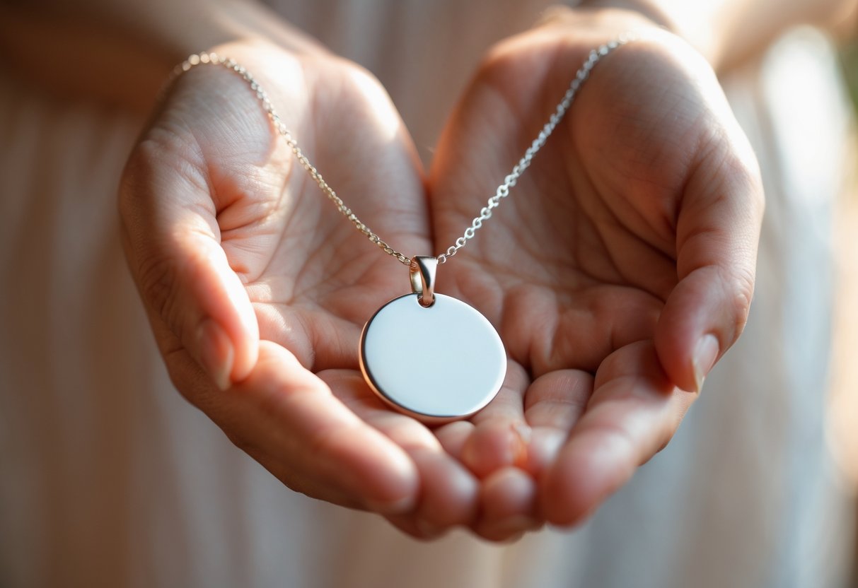 Close-up of hands gently holding a simple round disc necklace with a blurred warm background.