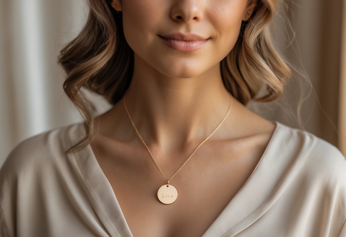 Close-up of a woman wearing a simple round pendant necklace resting on her collarbone.