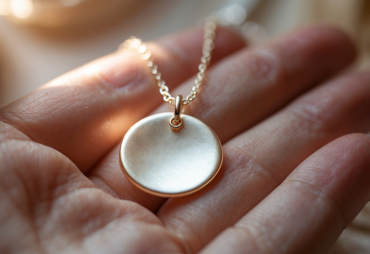 A hand holding a delicate disc necklace with a round pendant against a softly blurred background.