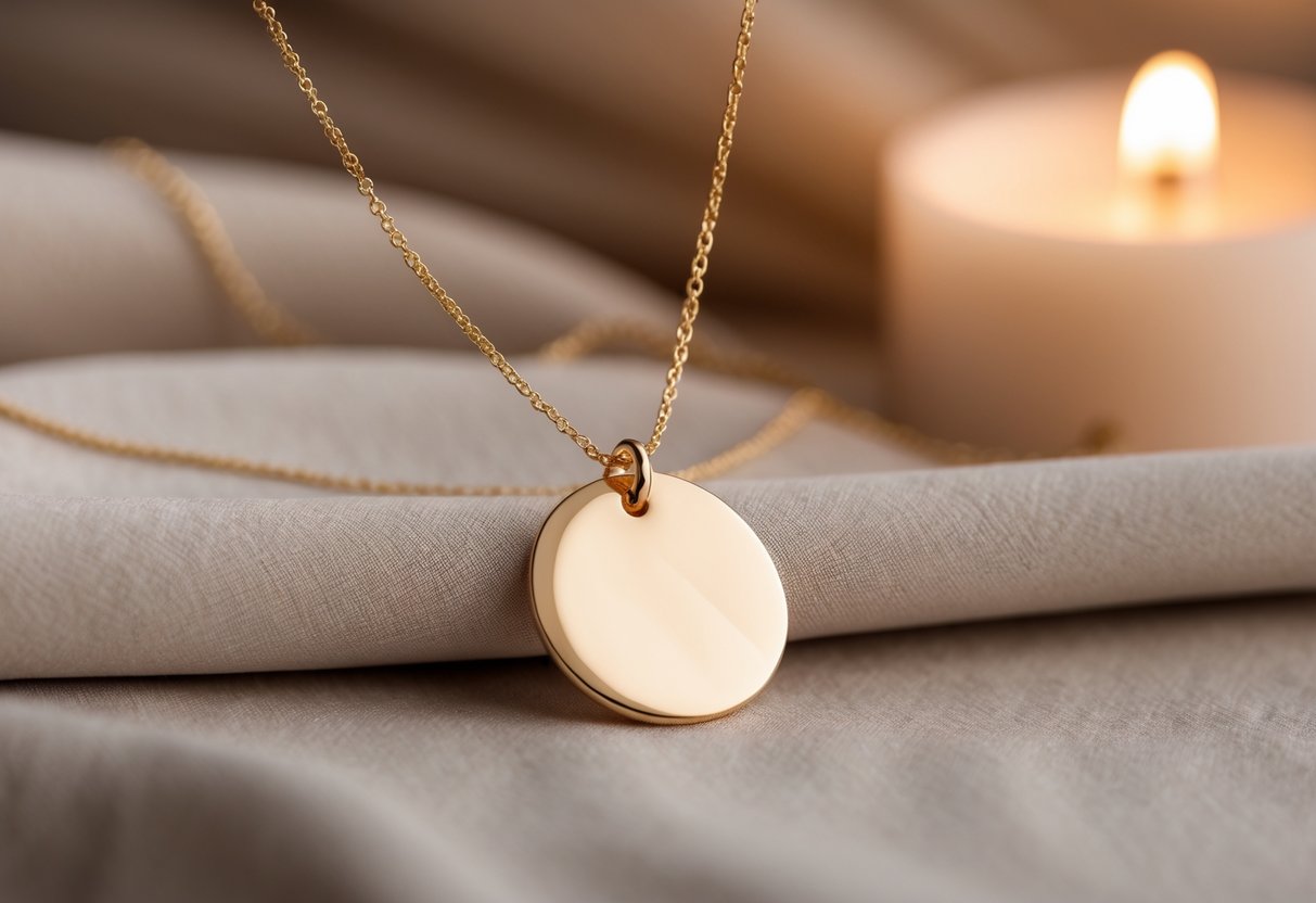Close-up of a simple gold disc necklace resting on soft fabric with warm, blurred background.