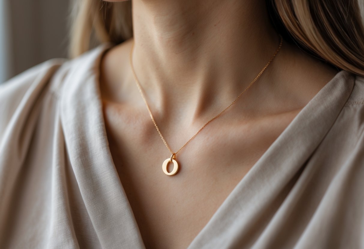Close-up of a person wearing a delicate gold initial pendant necklace resting near their heart.
