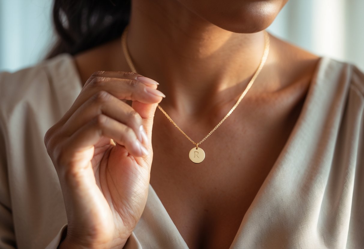 Close-up of a person holding a gold initial necklace near their chest.