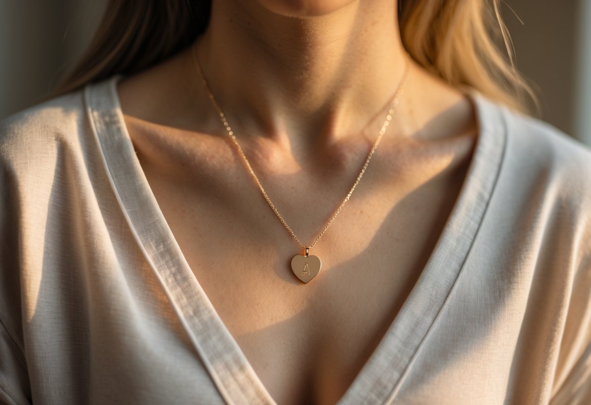 Close-up of a person wearing a heart-shaped pendant necklace with a small initial charm resting near their chest.