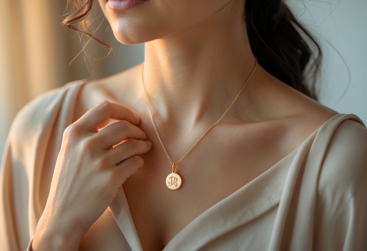 Close-up of a person wearing a gold initial necklace near their heart, gently touching the pendant.
