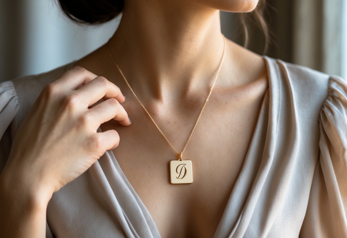 Close-up of a person touching a necklace with an initial pendant worn near their heart.