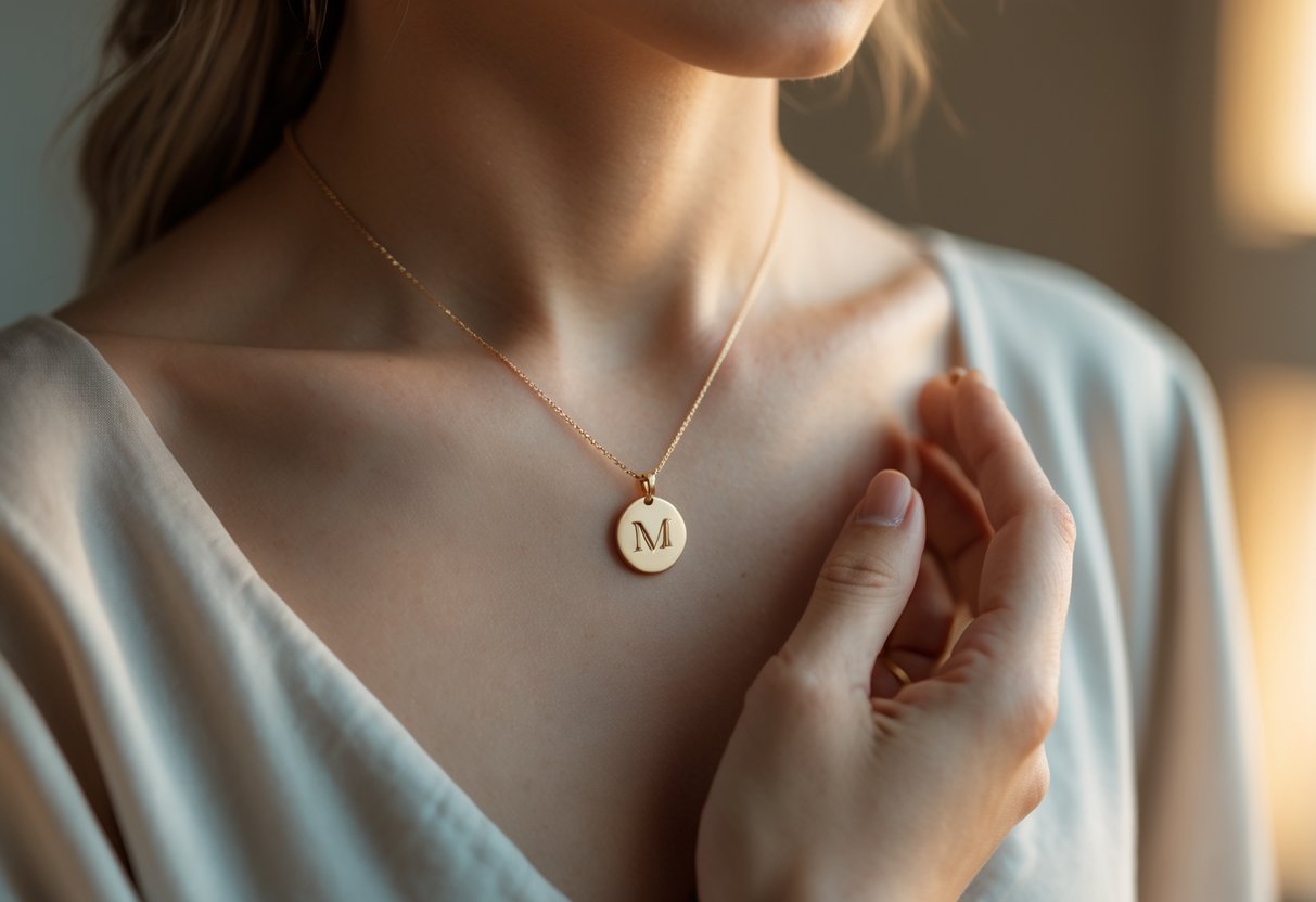 Close-up of a person wearing a gold initial necklace near their heart, with a hand gently touching the pendant.