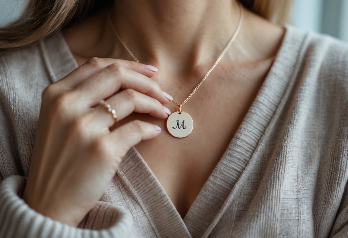 A close-up of a person holding a necklace with an initial pendant near their chest.