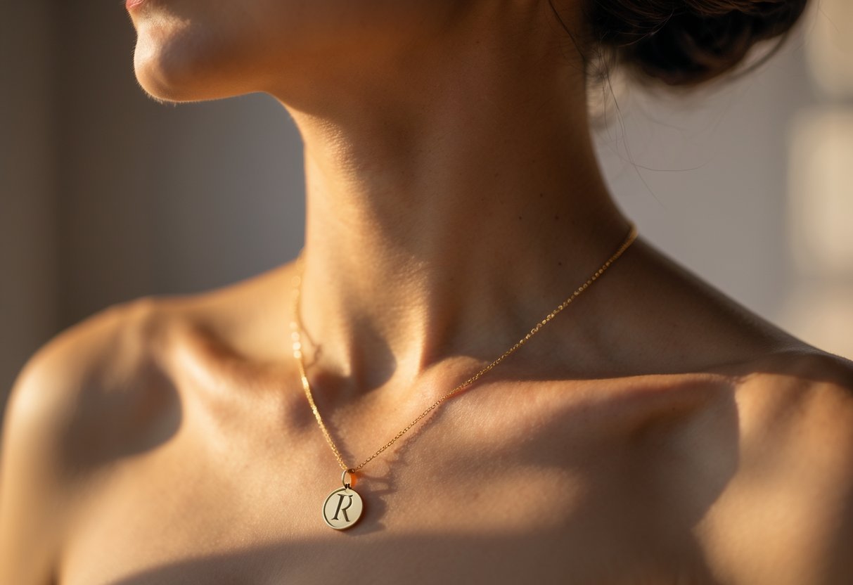 Close-up of a woman's neck wearing a gold initial necklace resting above her collarbone.