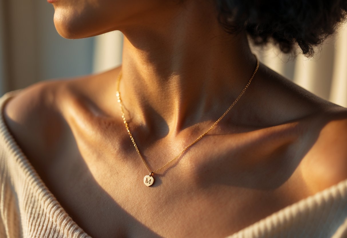 Close-up of a woman's neck wearing a gold necklace with an initial pendant.