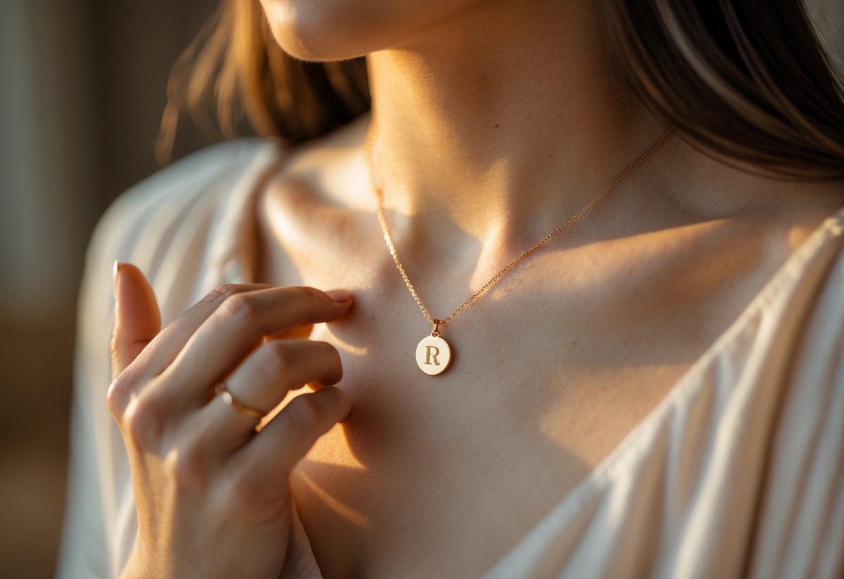 Close-up of a person wearing a necklace with an initial pendant near their heart, gently touching it with their hand.