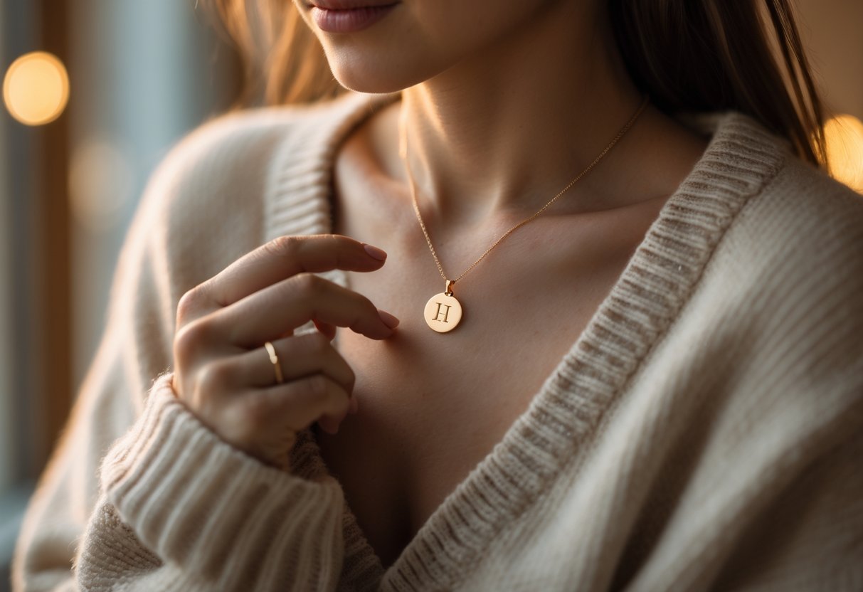 A person holding a gold initial necklace close to their chest with a thoughtful expression.