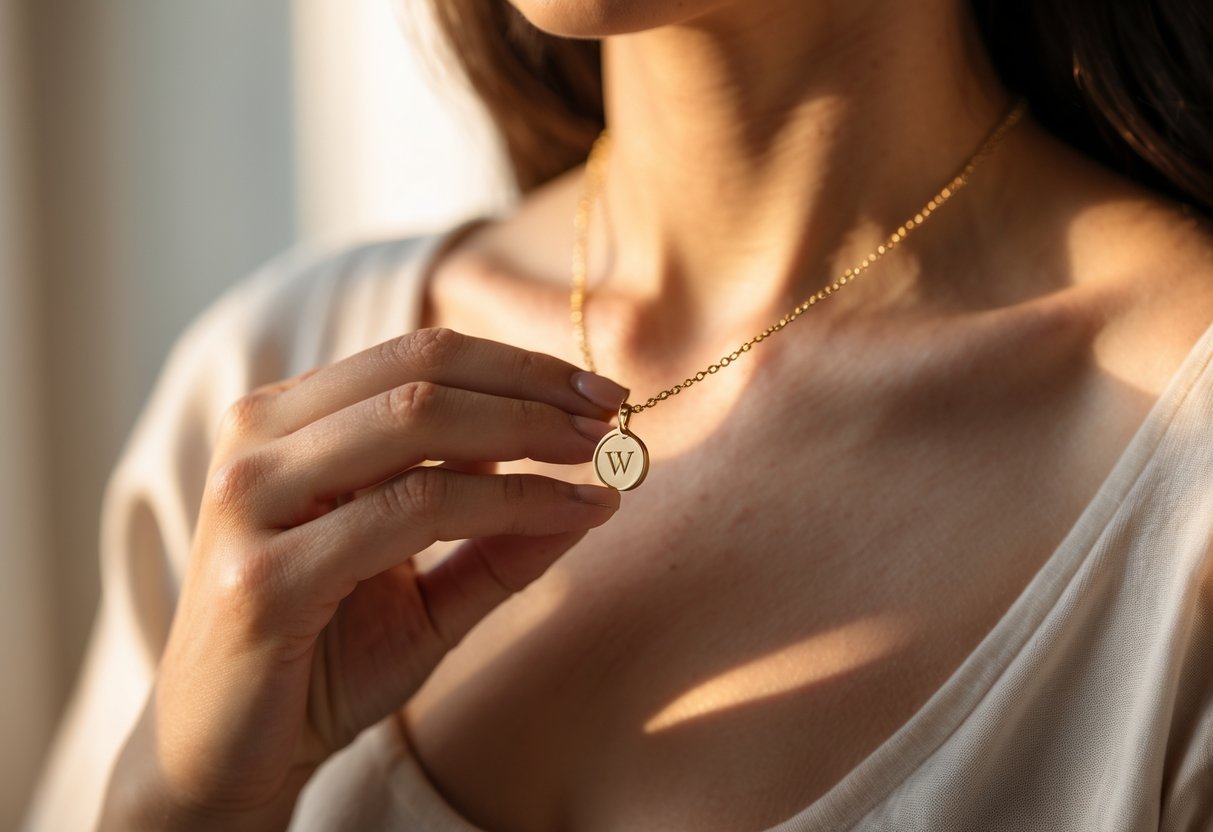 Close-up of a hand holding a gold initial necklace near the chest.