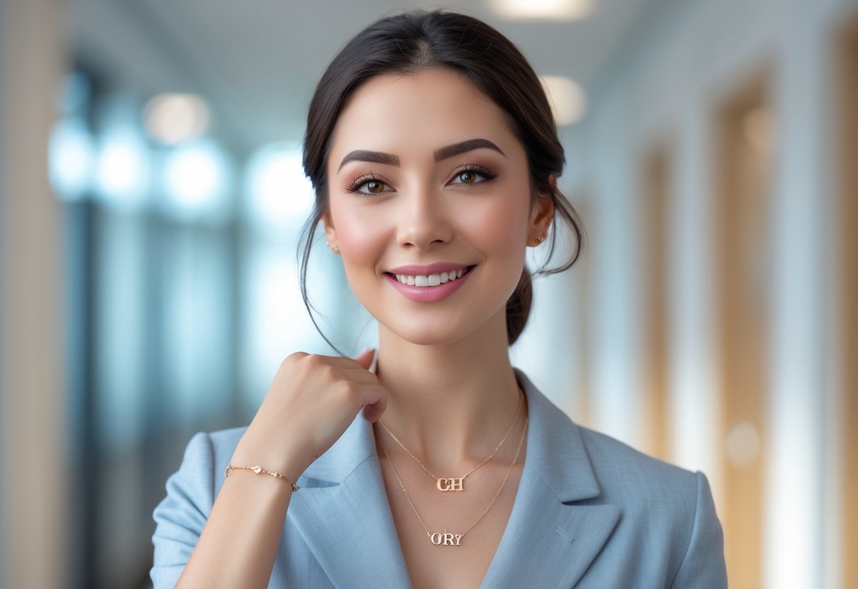 A young woman wearing personalized jewelry, smiling confidently indoors, ready for her first day.