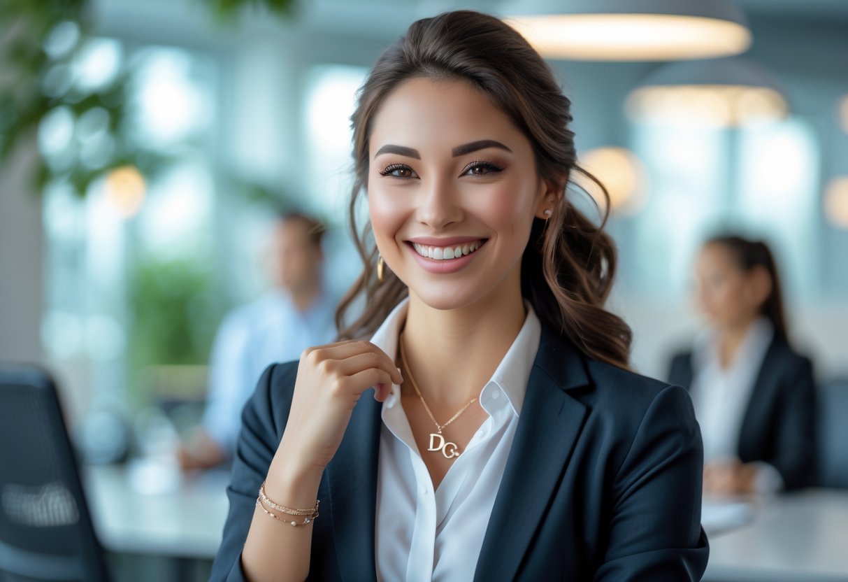 A young woman smiling confidently at work wearing personalized jewelry, standing in a modern office.