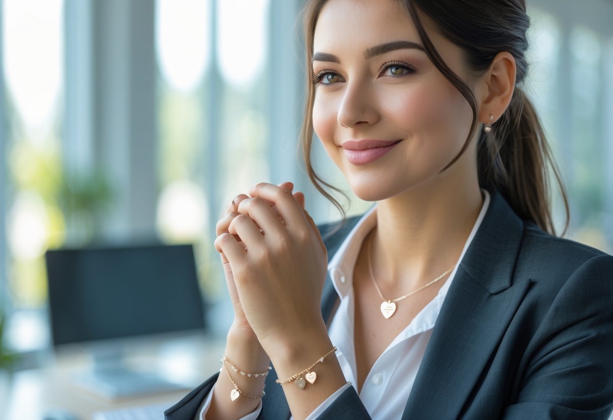 A young woman wearing personalized jewelry and business attire, smiling confidently in an office setting.