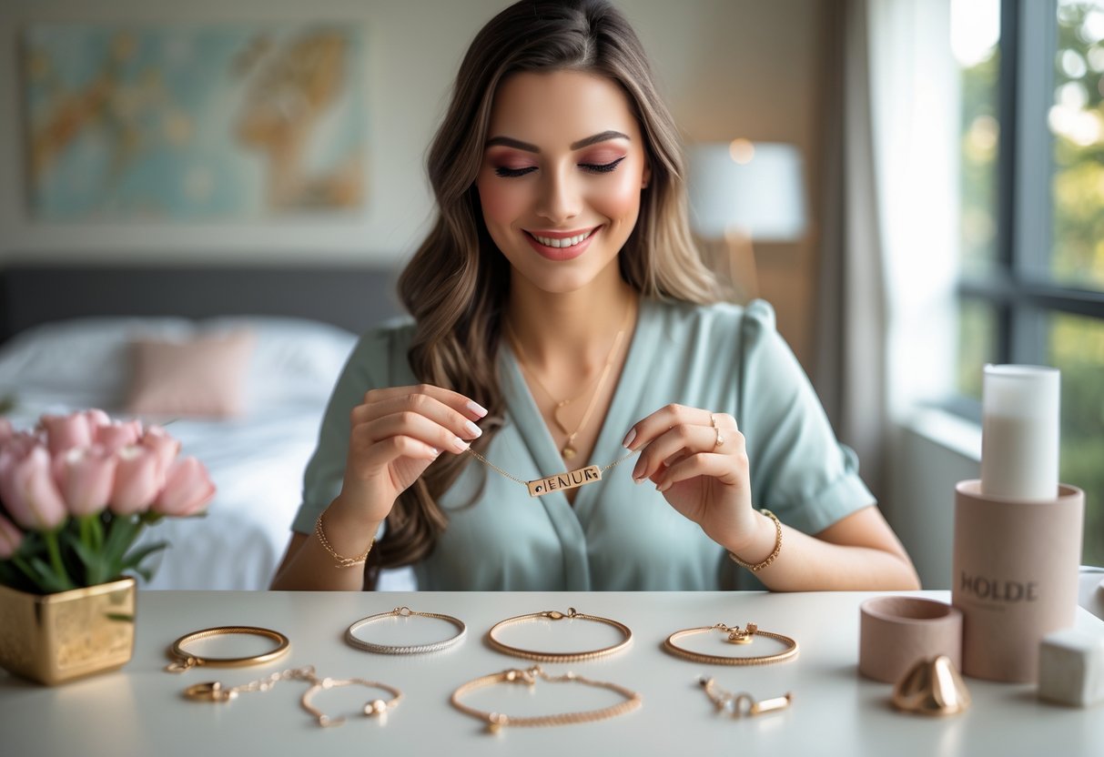 A young woman sitting at a dressing table selecting personalized jewelry, smiling softly as she holds a delicate necklace.