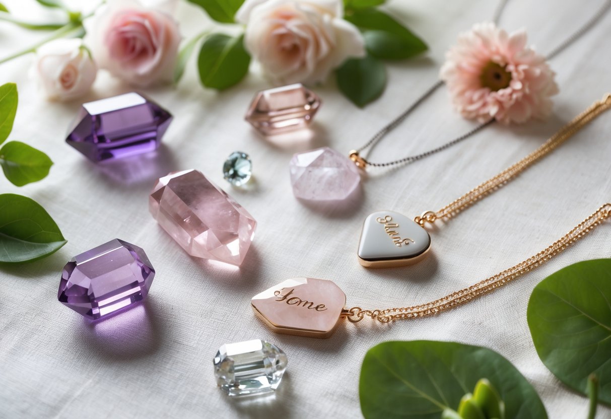 Flat lay of gemstones and personalized jewelry on a soft fabric background with green leaves and flowers.