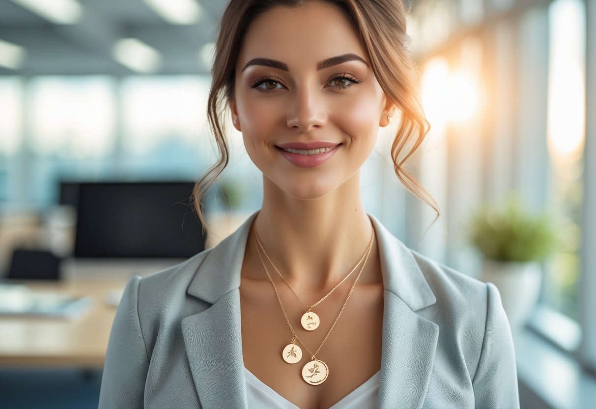 A young woman wearing personalized jewelry stands smiling in a bright office, symbolizing a fresh start.
