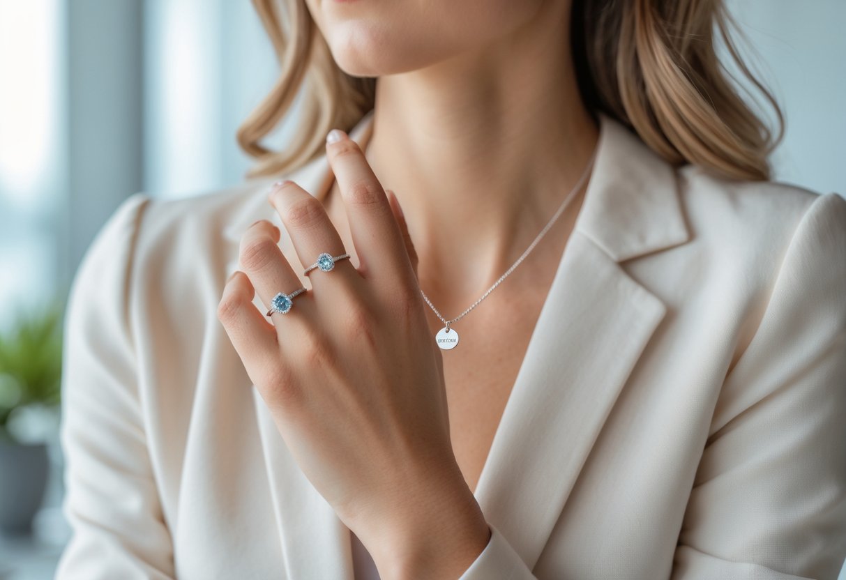 A close-up of a woman's hand wearing personalized jewelry with an engraved pendant and a birthstone ring, set in a bright, softly blurred background.