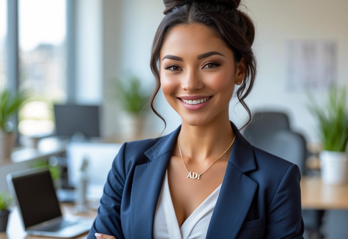 A young woman wearing personalized jewelry smiles confidently in a modern office setting.