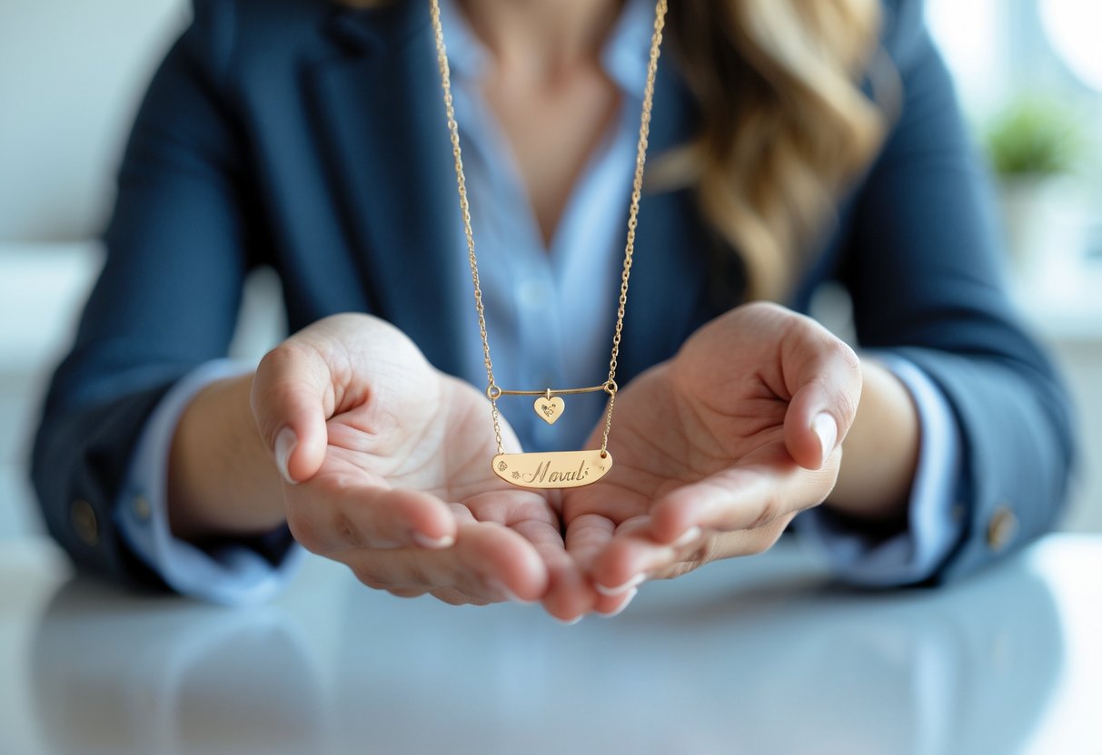 A woman presenting a personalized necklace as a gift in a bright, softly blurred indoor setting.