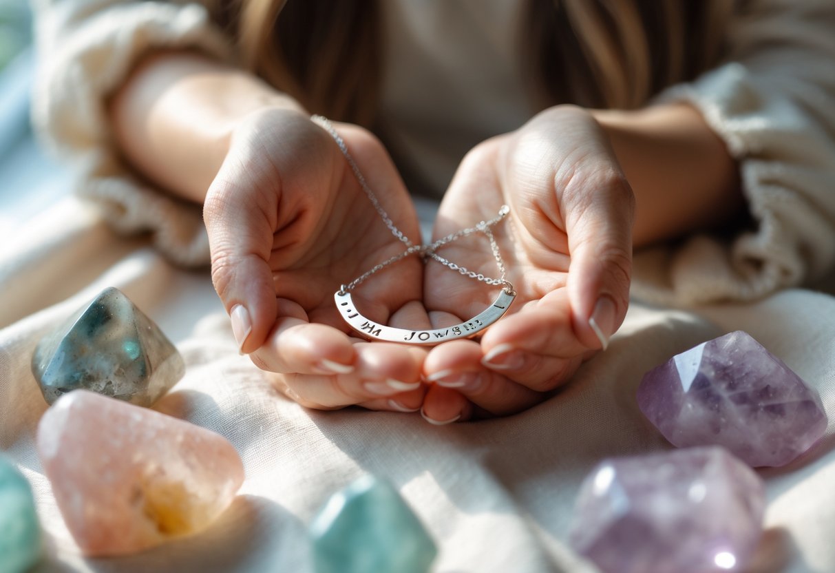 Close-up of a woman's hands holding personalized jewelry surrounded by small polished crystals on a softly lit surface.