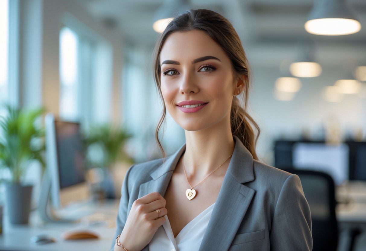 A young woman wearing personalized jewelry stands confidently in a bright office, ready for her first day.