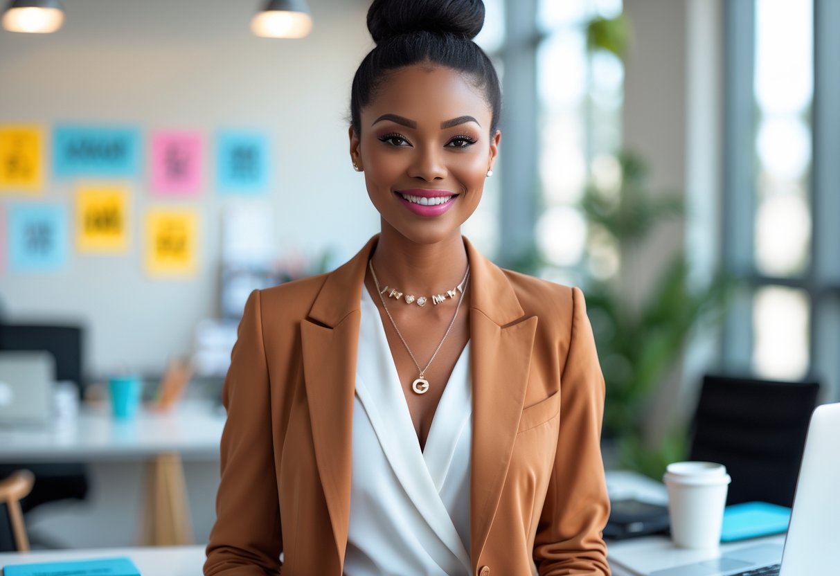 A young woman wearing personalized jewelry stands confidently in a modern office setting, ready for her first day.