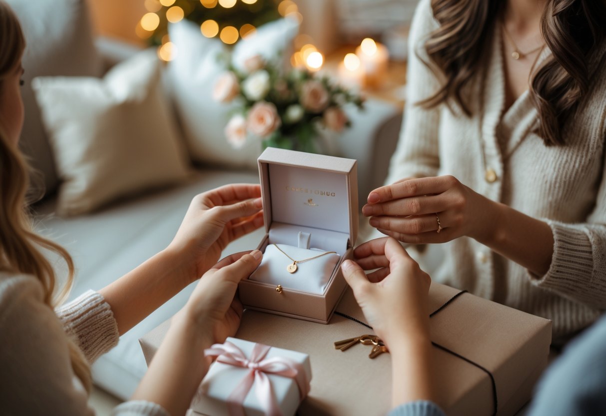 Two sisters exchanging a gift, with a close-up of a jewelry box containing a necklace with an engraved initial pendant.