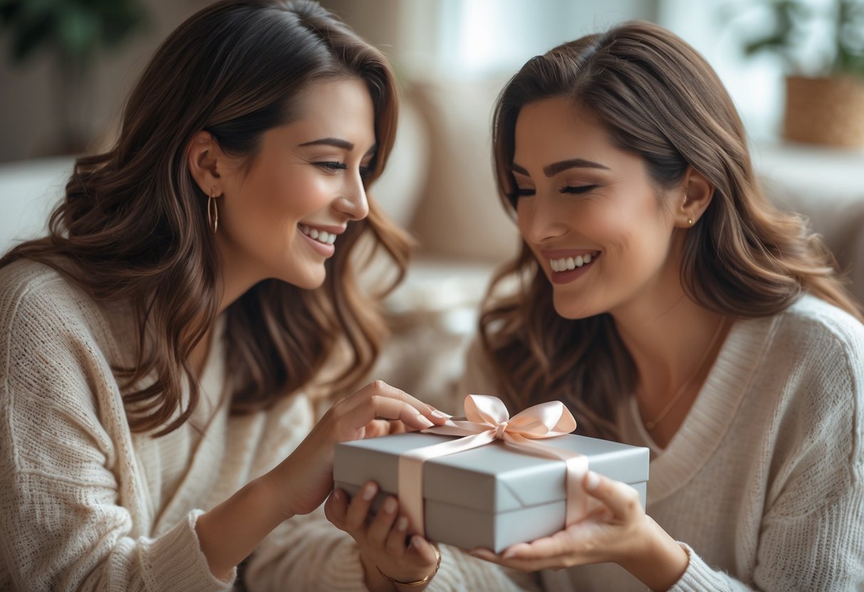 Two women smiling as one gives the other a gift with an engraved initial necklace inside.