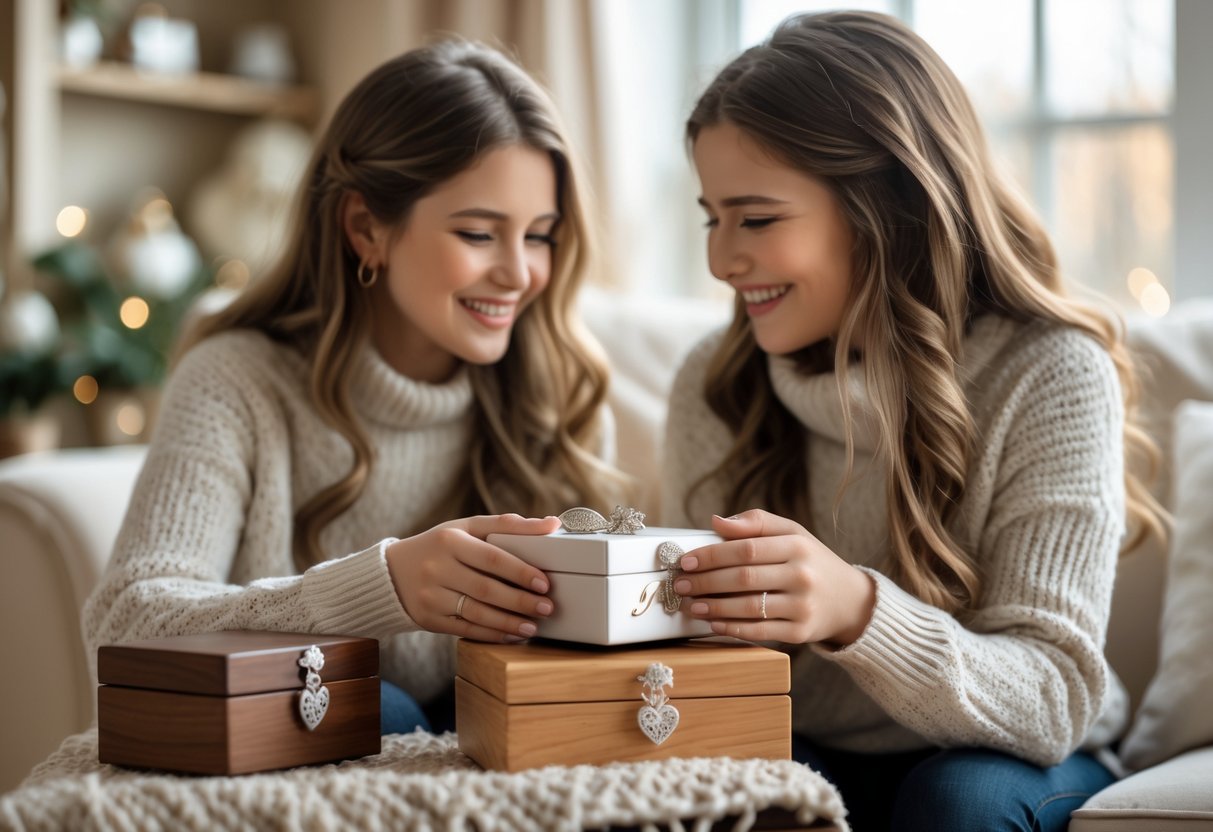 Two sisters exchanging gifts with engraved initials, smiling warmly in a cozy living room.